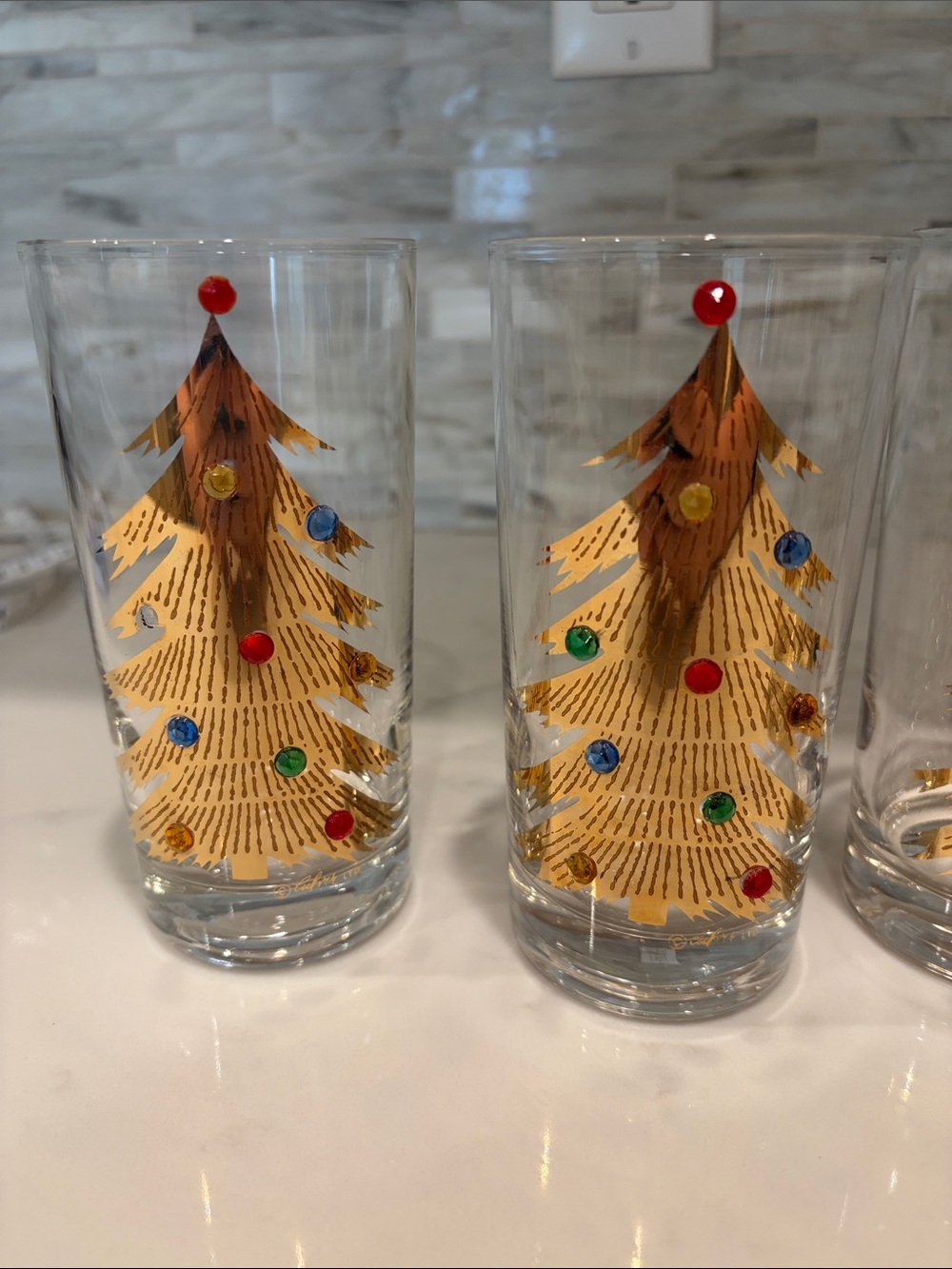Vintage Christmas Highball Glasses Culver Gold Tree w Jewels Signed Set of 8 - Picture 3 of 9